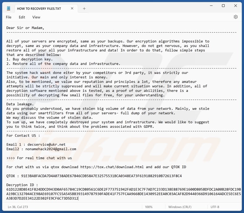 ScRansom ransomware archivo de texto (HOW TO RECOVERY FILES.TXT)