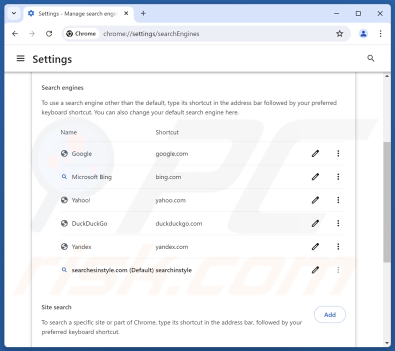 Eliminación de searchesinstyle.com del motor de búsqueda predeterminado de Google Chrome