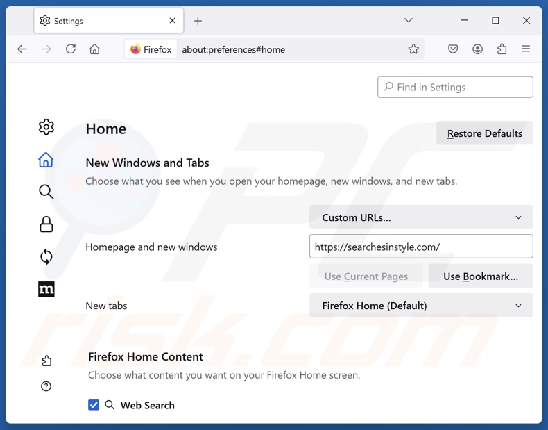 Eliminar searchesinstyle.com de la página de inicio de Mozilla Firefox