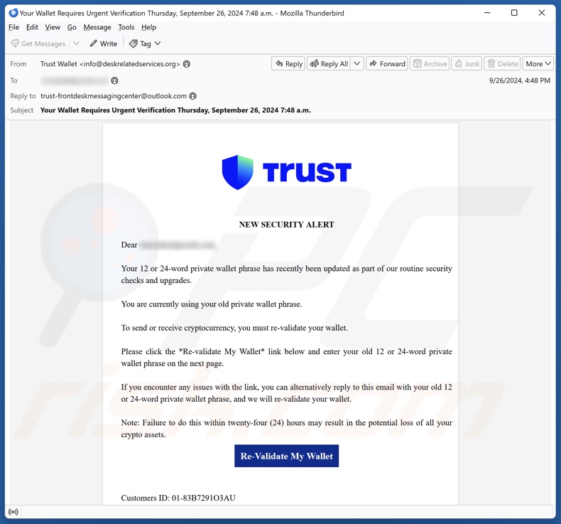 Trust Wallet - New Security Alert campaña de spam por correo electrónico