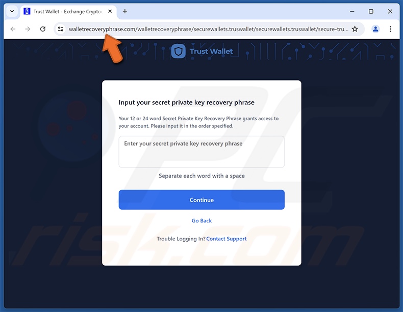 Trust Wallet - New Security Alert correo electrónico fraudulento promovido sitio de phishing