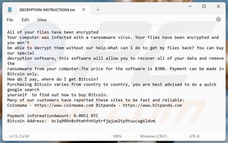 Archivo de texto del ransomware Tyson (DECRYPTION INSTRUCTIONS.txt)