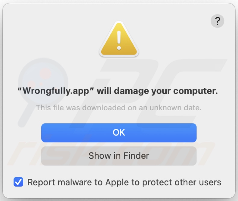 Ventana emergente que aparece cuando se detecta el adware Wrongfully.app en el sistema