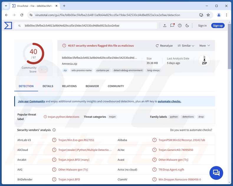 Amnesia detecciones de malware en VirusTotal