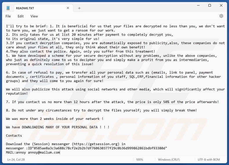 Annoy ransomware nota de rescate (README.TXT)