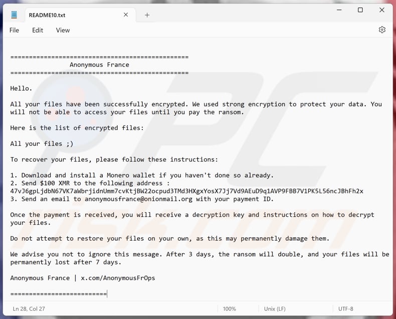 Anonymous France archivo de texto ransomware (README1.txt - README10.txt)
