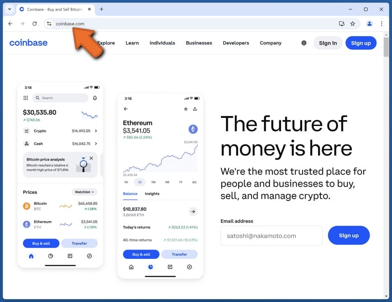 Aspecto del sitio web real de Coinbase (coinbase.com)