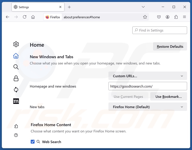 Eliminar goodtosearch.com de la página de inicio de Mozilla Firefox