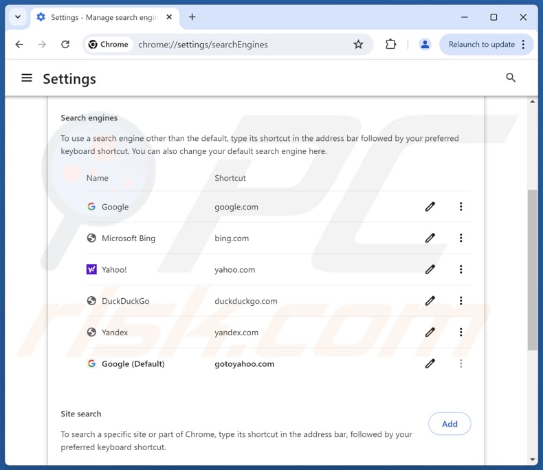 Eliminación de gotoyahoo.com del motor de búsqueda predeterminado de Google Chrome