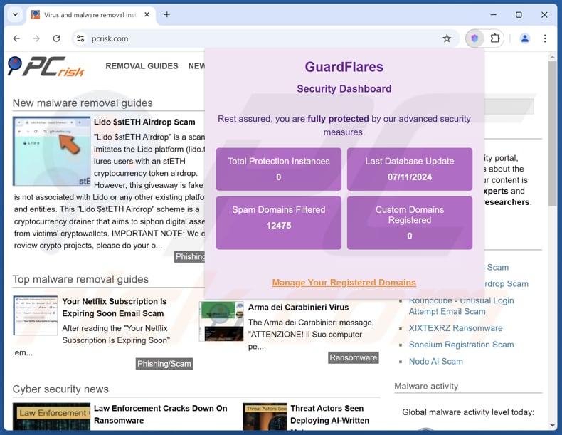 Aspecto de la extensión del adware GuardFlare