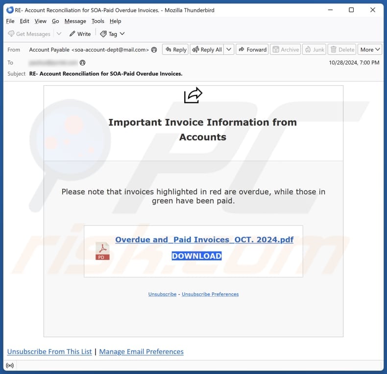 Important Invoice Information From Accounts campaña de spam por correo electrónico