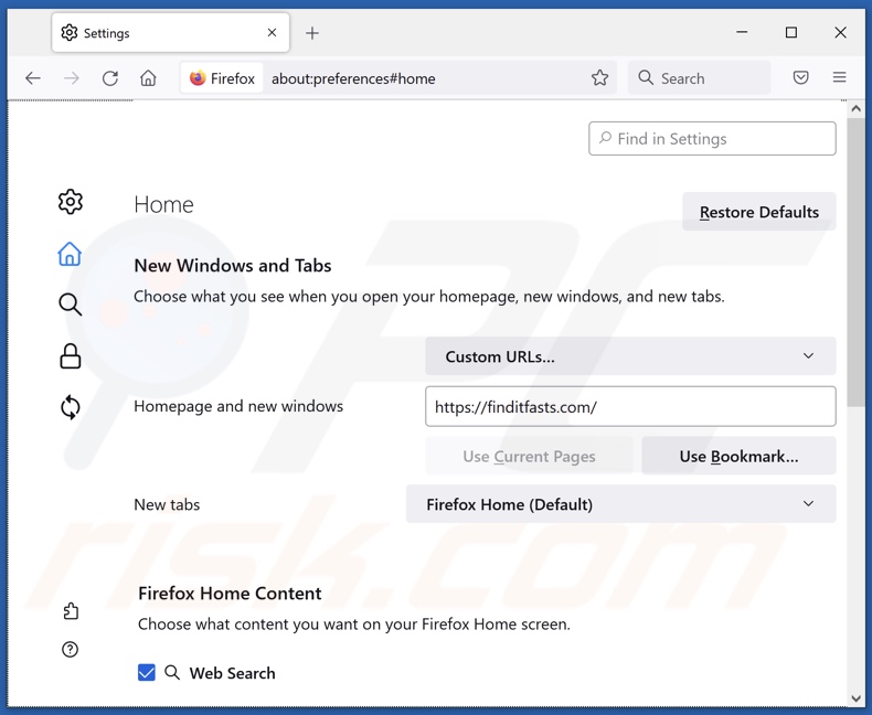 Eliminar finditfasts.com de la página de inicio de Mozilla Firefox