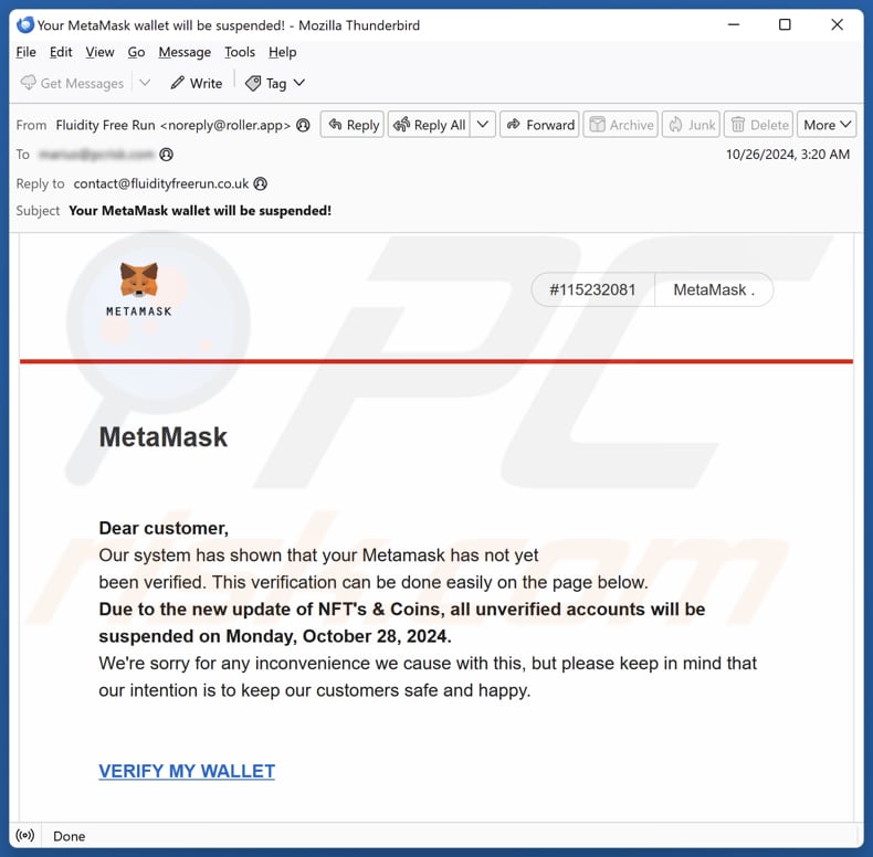 MetaMask Wallet Verification campaña de spam por correo electrónico