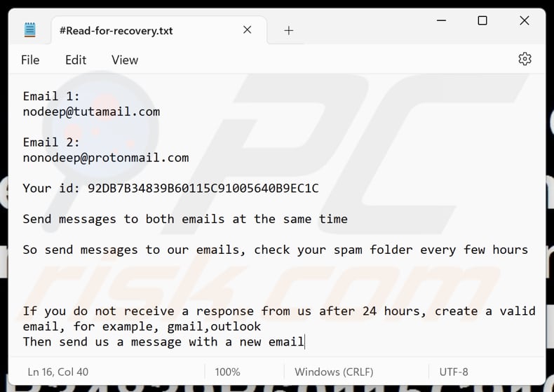NoDeep ransomware archivo de texto (#Read-for-recovery.txt)