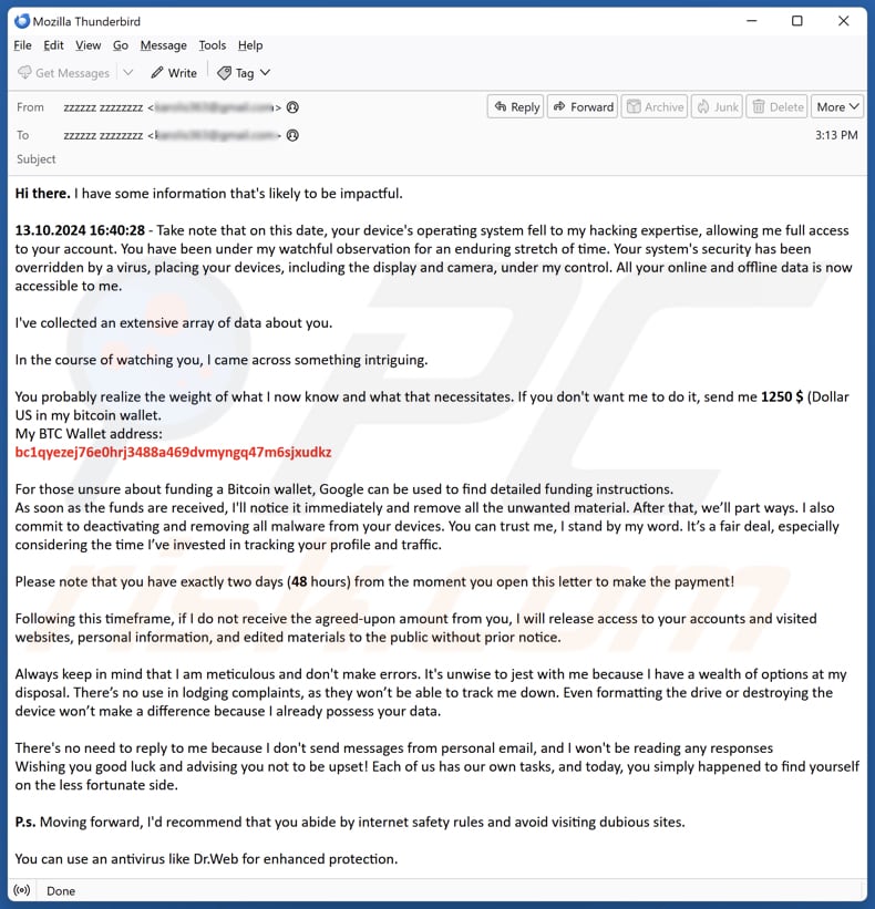 Operating System Fell To My Hacking Expertise campaña de spam por correo electrónico