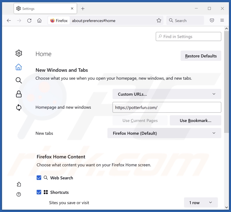 Eliminar potterfun.com de la página de inicio de Mozilla Firefox