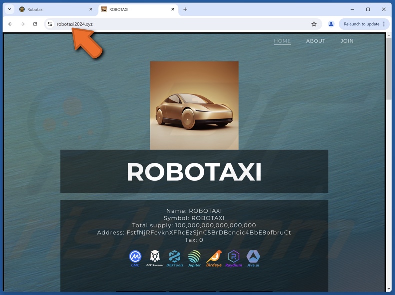 Aparición de página web (robotaxi2024[.]xyz) promocionando la estafa ROBOTAXI ($TAXI)