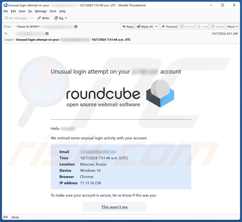 Roundcube - Unusual Login Attempt campaña de spam por correo electrónico