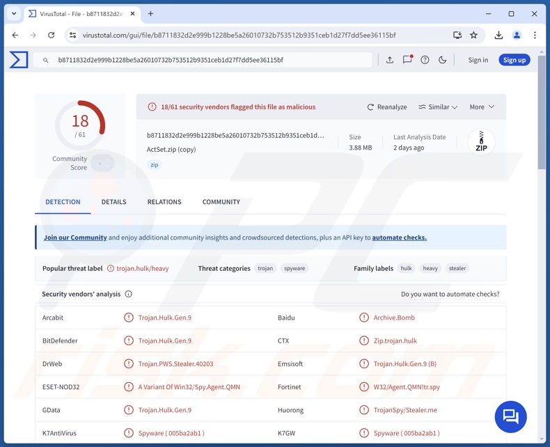 SMD69 detecciones de malware en VirusTotal