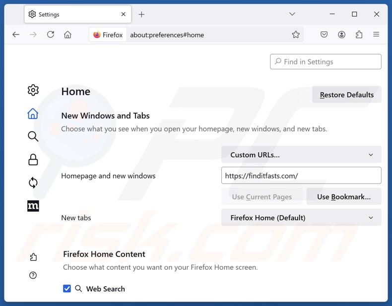 Eliminar finditfasts.com de la página de inicio de Mozilla Firefox