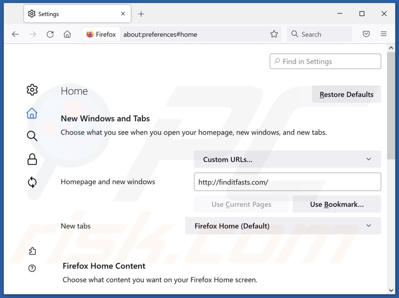 Eliminar finditfasts.com de la página de inicio de Mozilla Firefox