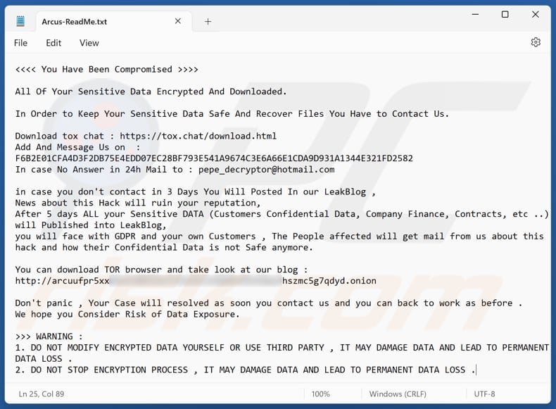 Arcus ransomware nota de rescate segunda variante (Arcus-ReadMe.txt)