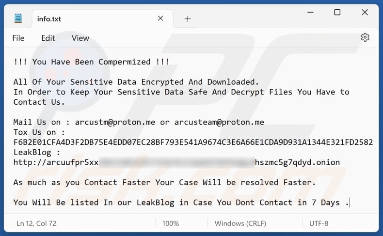 Arcus ransomware archivo de texto (info.txt)