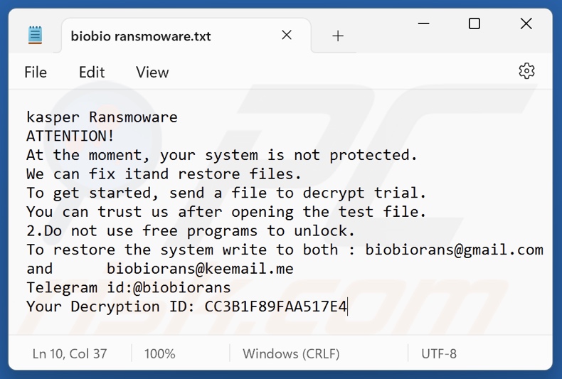 Biobio (Kasper) ransomware nota de rescate (biobio ransmoware.txt)