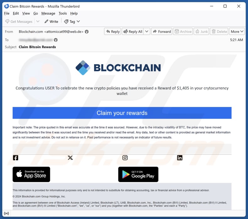 Blockchain Rewards campaña de spam por correo electrónico