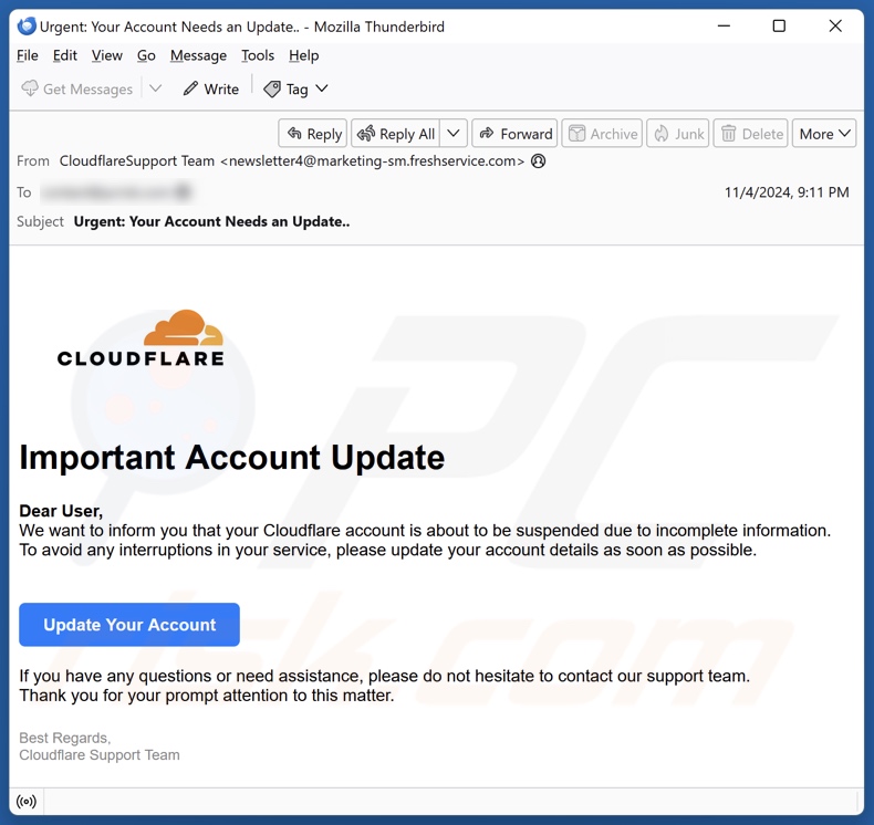 Cloudflare - Important Account Update campaña de spam por correo electrónico