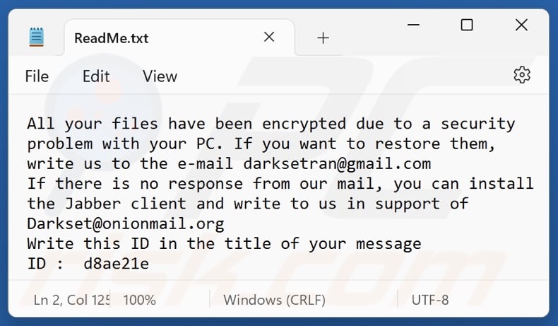 DARKSET ransomware nota de rescate (ReadMe.txt)