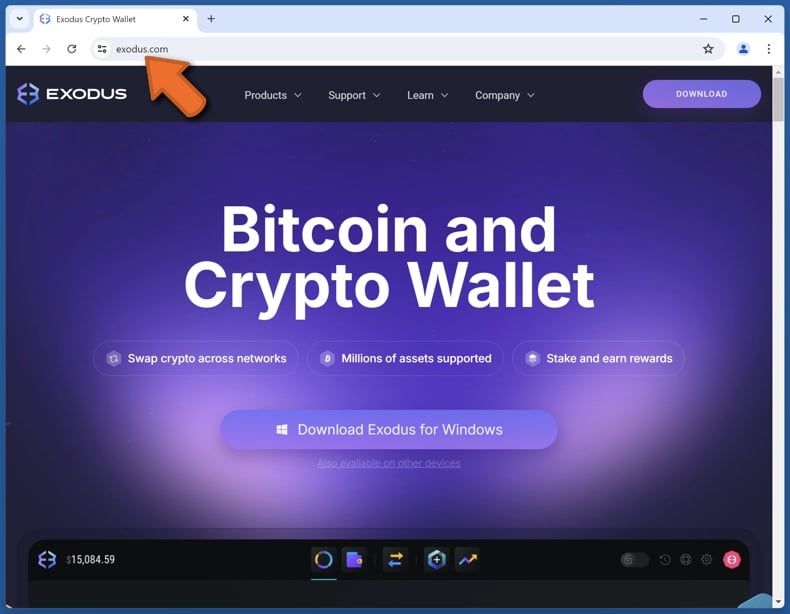 Aspecto del verdadero sitio web de Exodus (exodus.com)