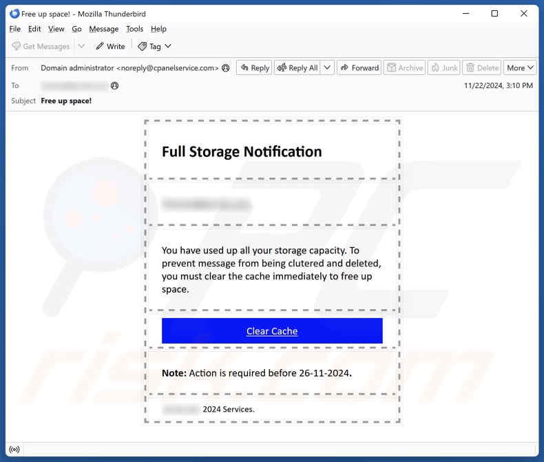 Full Storage Notification campaña de spam por correo electrónico