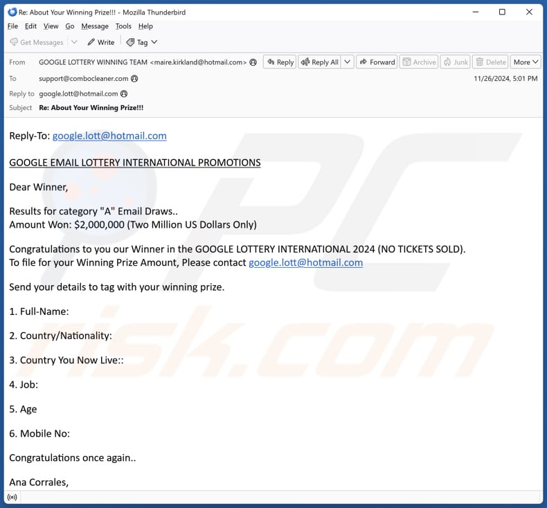 Google Email Lottery International Promotions campaña de spam por correo electrónico