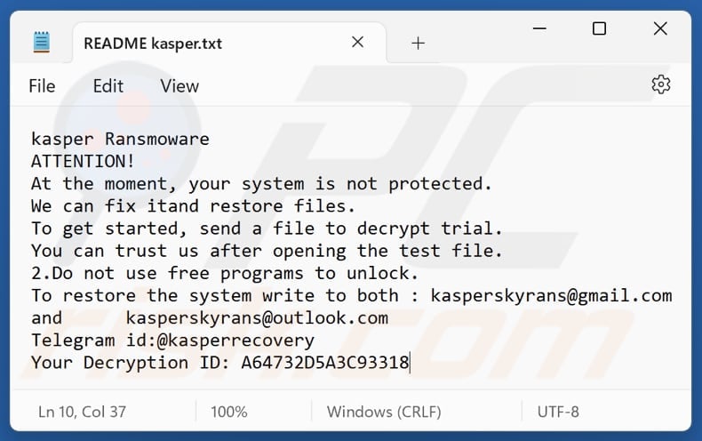 Kasper ransomware archivo de texto (README kasper.txt)