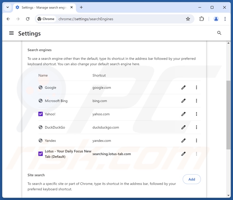 Eliminación de lotus-tab.com del motor de búsqueda predeterminado de Google Chrome