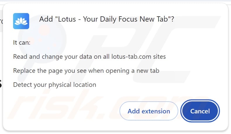 Lotus - Your Daily Focus New Tab secuestrador del navegador pidiendo permisos