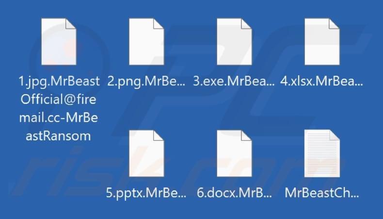 Archivos encriptados por el ransomware MrBeast (extensión .MrBeastOfficial@firemail.cc-MrBeastRansom)