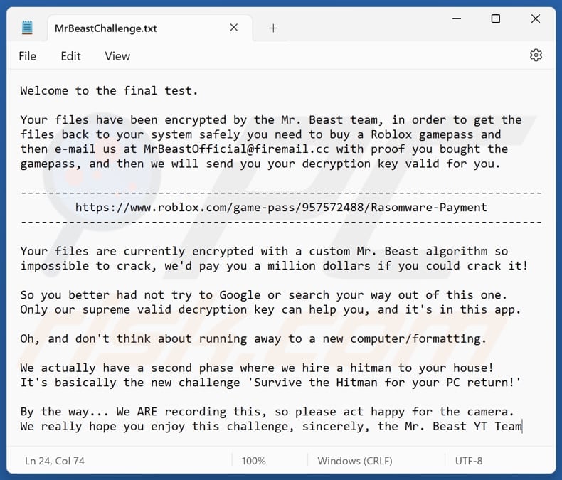 MrBeast ransomware archivo de texto (MrBeastChallenge.txt)