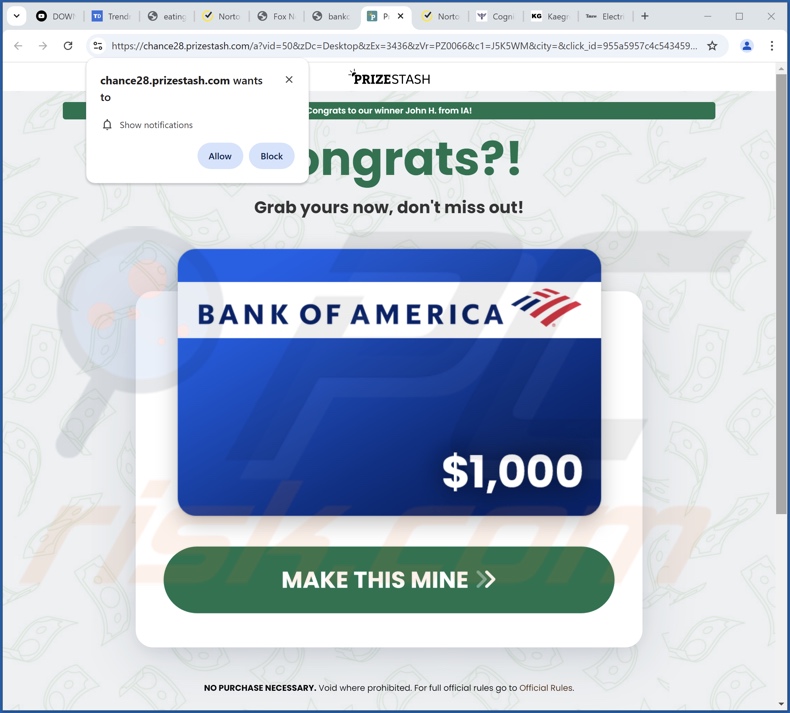 prizestash[.]com pop-up redirige