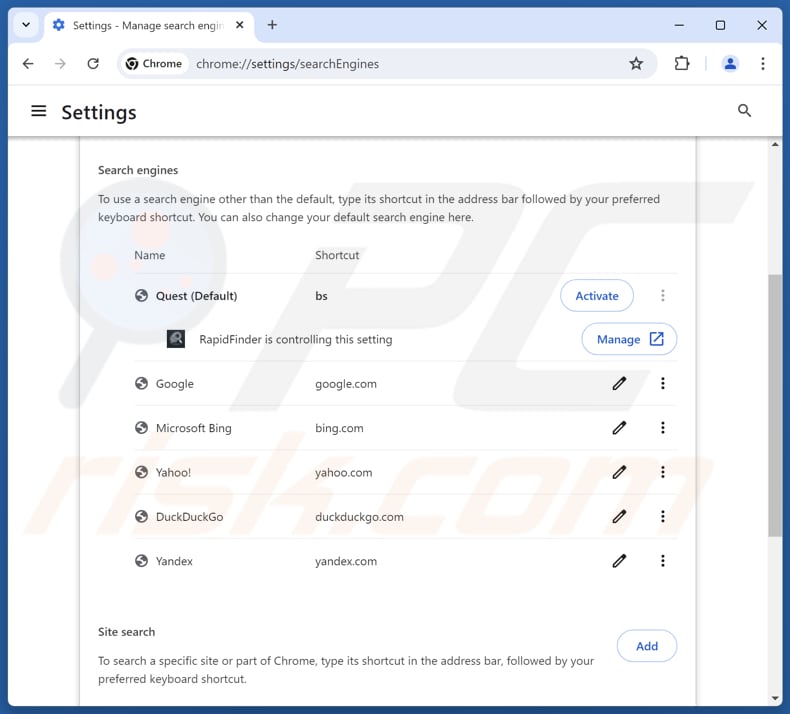 Eliminación de finditfasts.com del motor de búsqueda predeterminado de Google Chrome