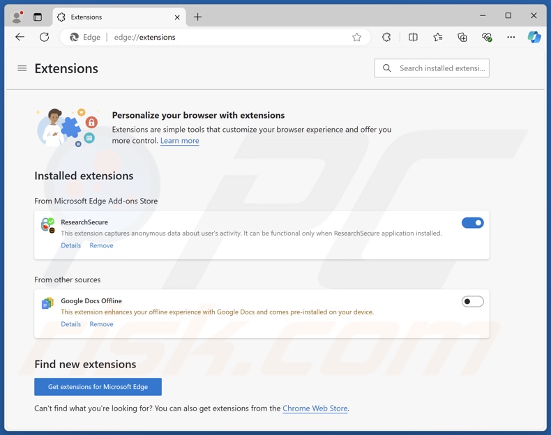 ResearchSecure PUA extensión de navegador instalada (Edge)