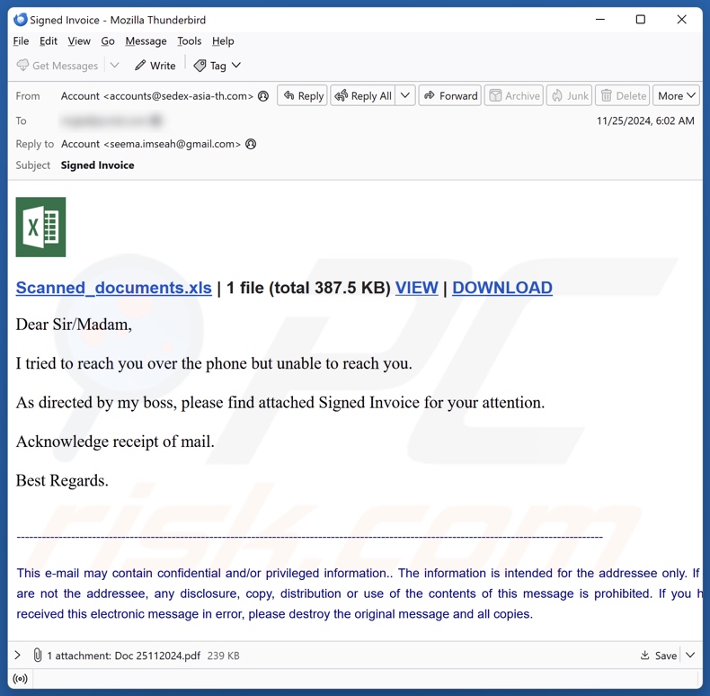 Signed Invoice campaña de spam por correo electrónico
