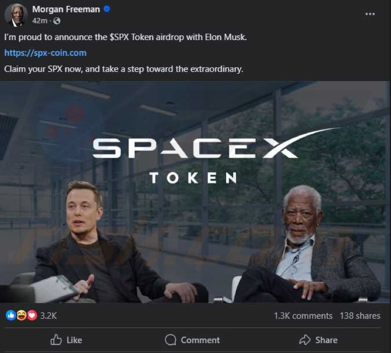 $SpaceX Coin Airdrop perfil robado de Morgan Freeman promocionando la estafa