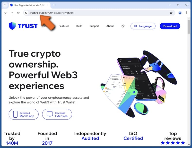 Aspecto del sitio web real de Trust Wallet (trustwallet.com)