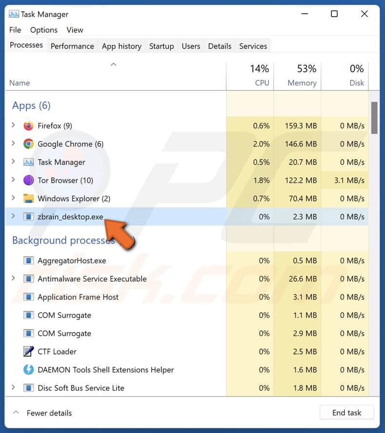 Violent_shark extensión maliciosa que se ejecuta en el administrador de tareas como zbrain_desktop.exe