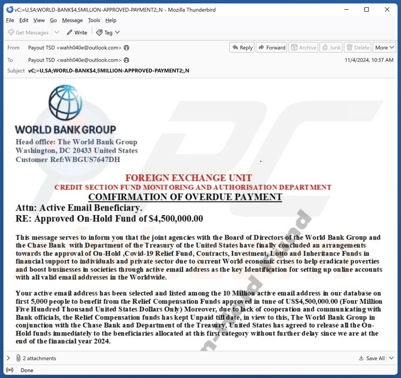 World Bank Group - Overdue Payment campaña de spam por correo electrónico