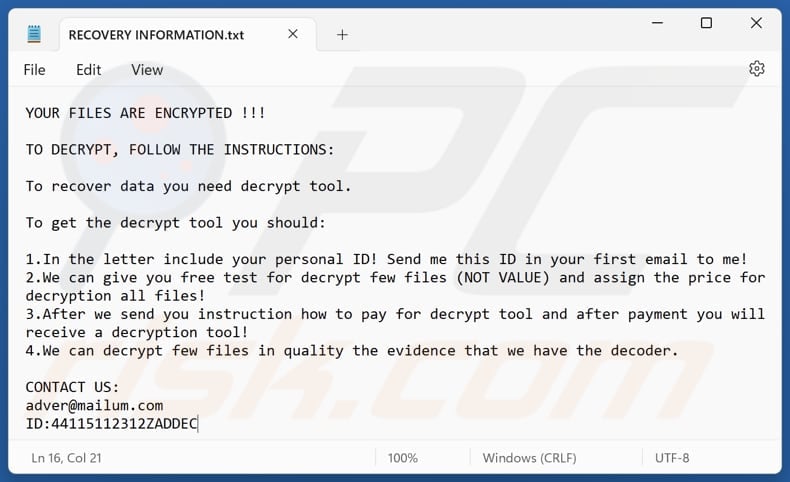 Adver ransomware archivo de texto (RECOVERY INFORMATION.txt)