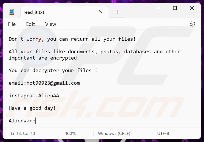 AlienWare ransomware archivo de texto (read_it.txt)