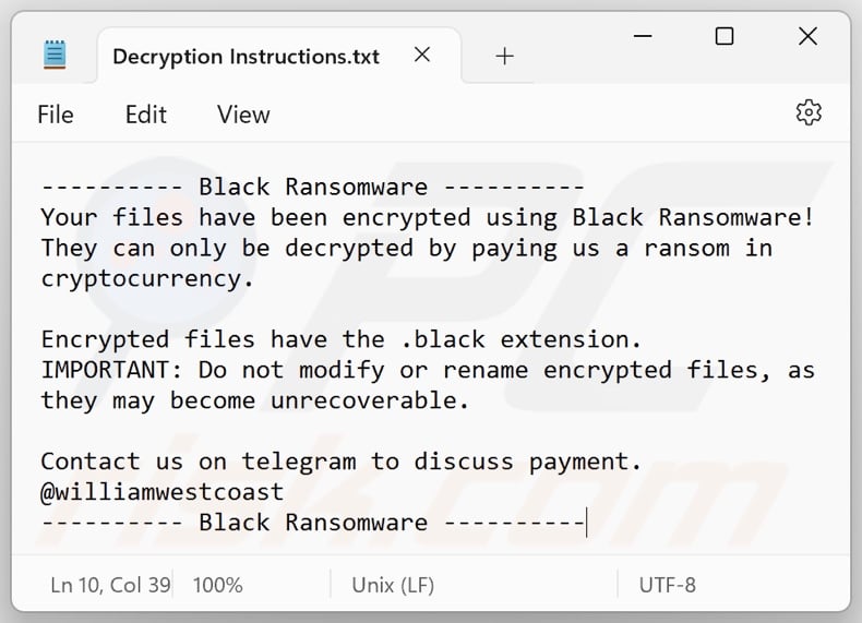 Black (Prince) ransomware nota de rescate (Decryption Instructions.txt)